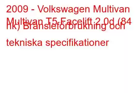 2009 - Volkswagen Multivan
Multivan T5 Facelift 2.0d (84 hk) Bränsleförbrukning och tekniska specifikationer