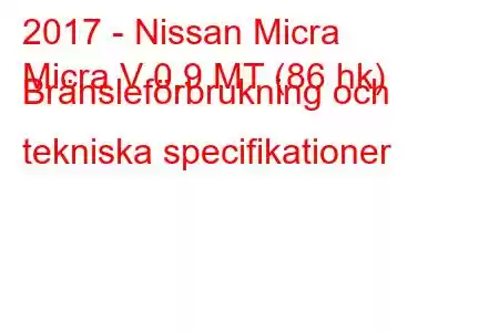 2017 - Nissan Micra
Micra V 0,9 MT (86 hk) Bränsleförbrukning och tekniska specifikationer