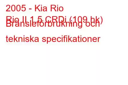 2005 - Kia Rio
Rio II 1.5 CRDi (109 hk) Bränsleförbrukning och tekniska specifikationer