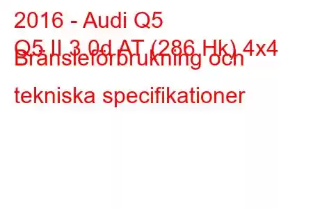 2016 - Audi Q5
Q5 II 3.0d AT (286 Hk) 4x4 Bränsleförbrukning och tekniska specifikationer