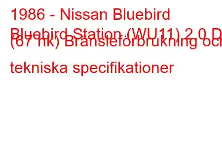 1986 - Nissan Bluebird
Bluebird Station (WU11) 2.0 D (67 hk) Bränsleförbrukning och tekniska specifikationer