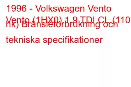 1996 - Volkswagen Vento
Vento (1HX0) 1.9 TDI CL (110 hk) Bränsleförbrukning och tekniska specifikationer