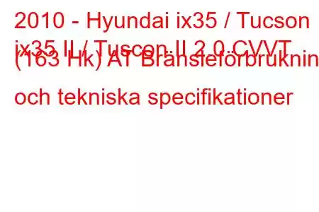 2010 - Hyundai ix35 / Tucson
ix35 II / Tuscon II 2.0 CVVT (163 Hk) AT Bränsleförbrukning och tekniska specifikationer