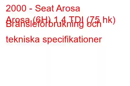 2000 - Seat Arosa
Arosa (6H) 1,4 TDI (75 hk) Bränsleförbrukning och tekniska specifikationer