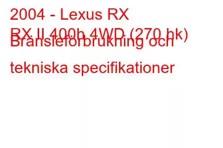 2004 - Lexus RX
RX II 400h 4WD (270 hk) Bränsleförbrukning och tekniska specifikationer