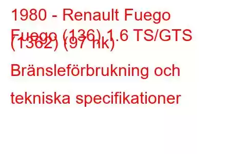 1980 - Renault Fuego
Fuego (136) 1.6 TS/GTS (1362) (97 hk) Bränsleförbrukning och tekniska specifikationer