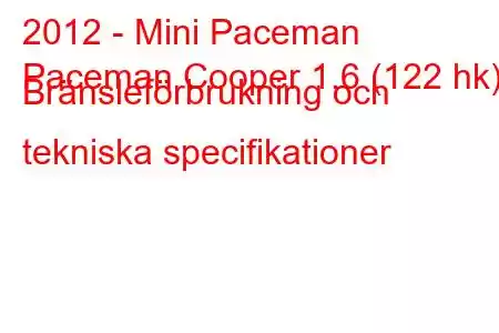 2012 - Mini Paceman
Paceman Cooper 1.6 (122 hk) Bränsleförbrukning och tekniska specifikationer