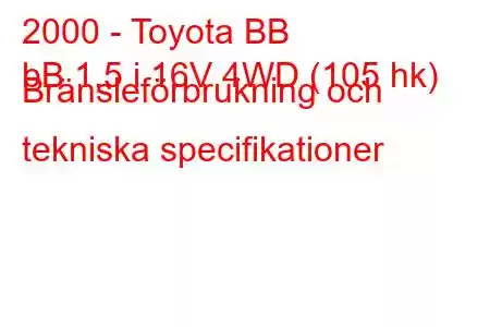 2000 - Toyota BB
bB 1,5 i 16V 4WD (105 hk) Bränsleförbrukning och tekniska specifikationer