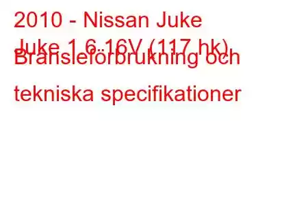 2010 - Nissan Juke
Juke 1.6 16V (117 hk) Bränsleförbrukning och tekniska specifikationer