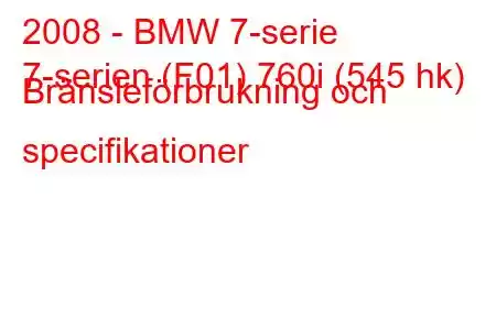 2008 - BMW 7-serie
7-serien (F01) 760i (545 hk) Bränsleförbrukning och specifikationer