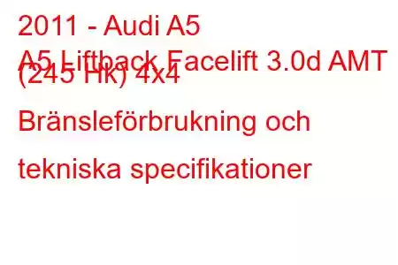 2011 - Audi A5
A5 Liftback Facelift 3.0d AMT (245 Hk) 4x4 Bränsleförbrukning och tekniska specifikationer