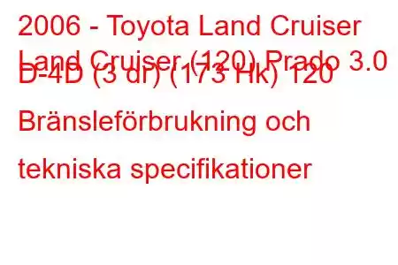 2006 - Toyota Land Cruiser
Land Cruiser (120) Prado 3.0 D-4D (3 dr) (173 Hk) 120 Bränsleförbrukning och tekniska specifikationer