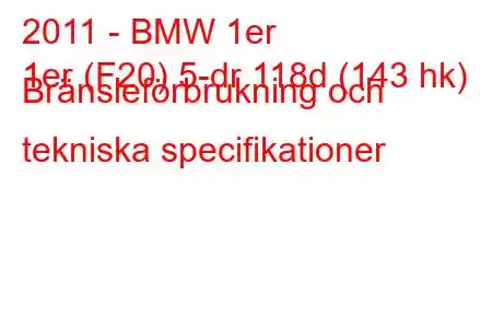 2011 - BMW 1er
1er (F20) 5-dr 118d (143 hk) Bränsleförbrukning och tekniska specifikationer