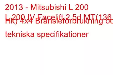 2013 - Mitsubishi L 200
L 200 IV Facelift 2.5d MT(136 Hk) 4x4 Bränsleförbrukning och tekniska specifikationer