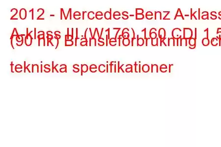 2012 - Mercedes-Benz A-klass
A-klass III (W176) 160 CDI 1,5 (90 hk) Bränsleförbrukning och tekniska specifikationer