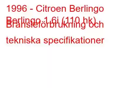 1996 - Citroen Berlingo
Berlingo 1.6i (110 hk) Bränsleförbrukning och tekniska specifikationer