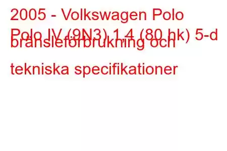 2005 - Volkswagen Polo
Polo IV (9N3) 1,4 (80 hk) 5-d bränsleförbrukning och tekniska specifikationer