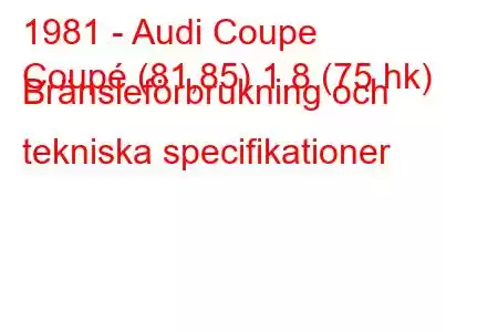 1981 - Audi Coupe
Coupé (81,85) 1,8 (75 hk) Bränsleförbrukning och tekniska specifikationer