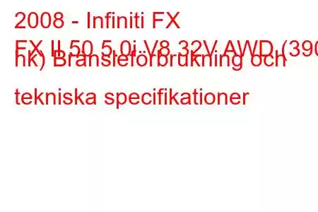 2008 - Infiniti FX
FX II 50 5.0i V8 32V AWD (390 hk) Bränsleförbrukning och tekniska specifikationer