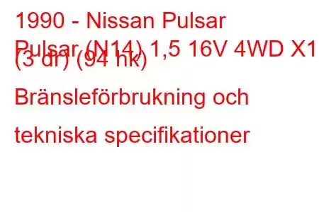 1990 - Nissan Pulsar
Pulsar (N14) 1,5 16V 4WD X1 (3 dr) (94 hk) Bränsleförbrukning och tekniska specifikationer