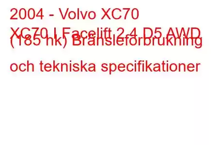 2004 - Volvo XC70
XC70 I Facelift 2.4 D5 AWD (185 hk) Bränsleförbrukning och tekniska specifikationer