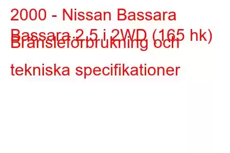 2000 - Nissan Bassara
Bassara 2.5 i 2WD (165 hk) Bränsleförbrukning och tekniska specifikationer