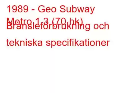 1989 - Geo Subway
Metro 1.3 (70 hk) Bränsleförbrukning och tekniska specifikationer