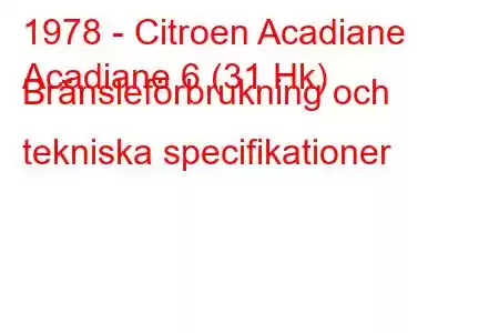 1978 - Citroen Acadiane
Acadiane 6 (31 Hk) Bränsleförbrukning och tekniska specifikationer