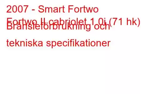 2007 - Smart Fortwo
Fortwo II cabriolet 1.0i (71 hk) Bränsleförbrukning och tekniska specifikationer