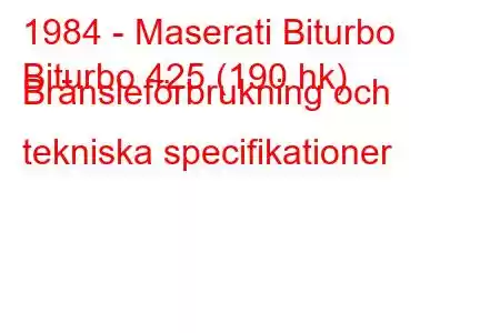 1984 - Maserati Biturbo
Biturbo 425 (190 hk) Bränsleförbrukning och tekniska specifikationer