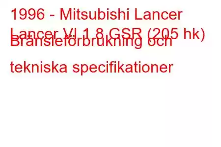 1996 - Mitsubishi Lancer
Lancer VI 1.8 GSR (205 hk) Bränsleförbrukning och tekniska specifikationer