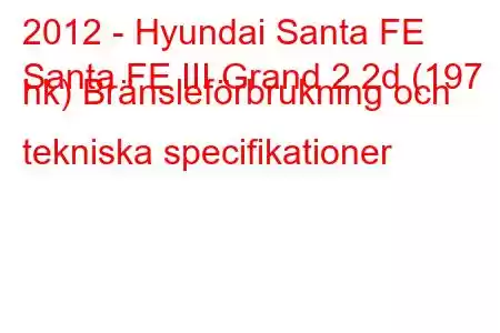 2012 - Hyundai Santa FE
Santa FE III Grand 2.2d (197 hk) Bränsleförbrukning och tekniska specifikationer