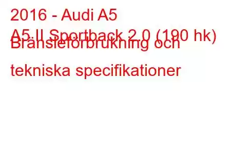 2016 - Audi A5
A5 II Sportback 2.0 (190 hk) Bränsleförbrukning och tekniska specifikationer