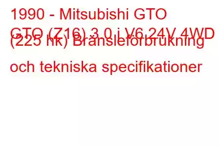 1990 - Mitsubishi GTO
GTO (Z16) 3.0 i V6 24V 4WD (225 hk) Bränsleförbrukning och tekniska specifikationer