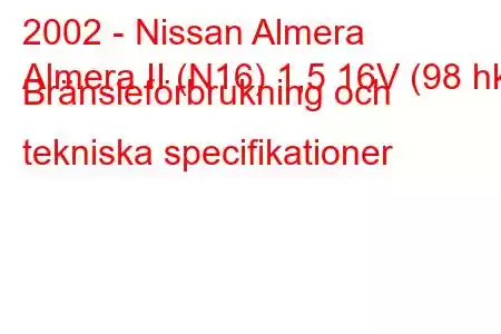 2002 - Nissan Almera
Almera II (N16) 1,5 16V (98 hk) Bränsleförbrukning och tekniska specifikationer