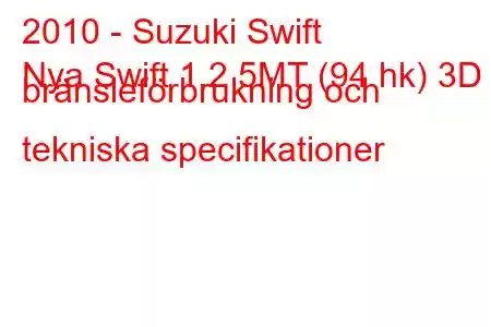 2010 - Suzuki Swift
Nya Swift 1.2 5MT (94 hk) 3D bränsleförbrukning och tekniska specifikationer