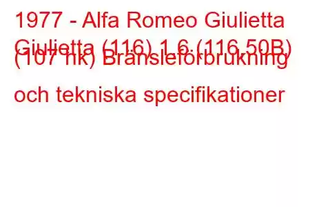 1977 - Alfa Romeo Giulietta
Giulietta (116) 1,6 (116,50B) (107 hk) Bränsleförbrukning och tekniska specifikationer