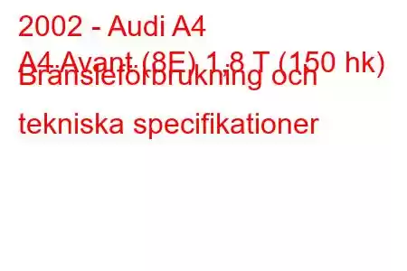 2002 - Audi A4
A4 Avant (8E) 1,8 T (150 hk) Bränsleförbrukning och tekniska specifikationer