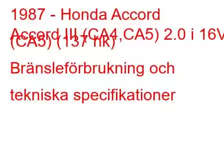 1987 - Honda Accord
Accord III (CA4,CA5) 2.0 i 16V (CA5) (137 hk) Bränsleförbrukning och tekniska specifikationer