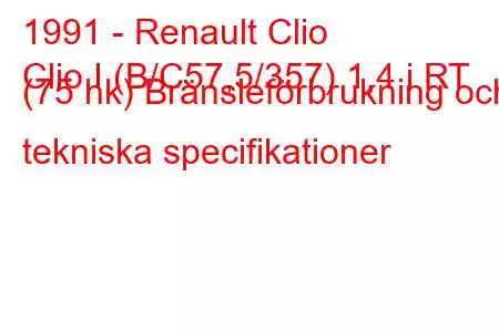 1991 - Renault Clio
Clio I (B/C57,5/357) 1,4 i RT (75 hk) Bränsleförbrukning och tekniska specifikationer