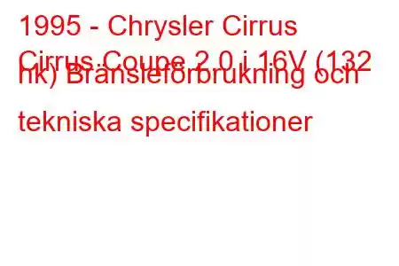 1995 - Chrysler Cirrus
Cirrus Coupe 2.0 i 16V (132 hk) Bränsleförbrukning och tekniska specifikationer