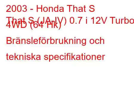 2003 - Honda That S
That S (JA-IV) 0.7 i 12V Turbo 4WD (64 Hk) Bränsleförbrukning och tekniska specifikationer