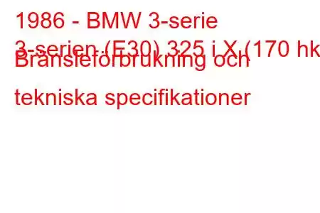 1986 - BMW 3-serie
3-serien (E30) 325 i X (170 hk) Bränsleförbrukning och tekniska specifikationer