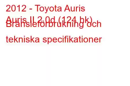 2012 - Toyota Auris
Auris II 2.0d (124 hk) Bränsleförbrukning och tekniska specifikationer