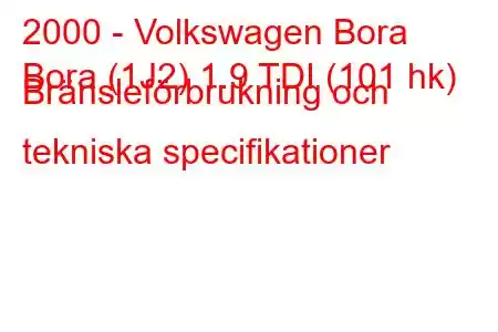 2000 - Volkswagen Bora
Bora (1J2) 1.9 TDI (101 hk) Bränsleförbrukning och tekniska specifikationer