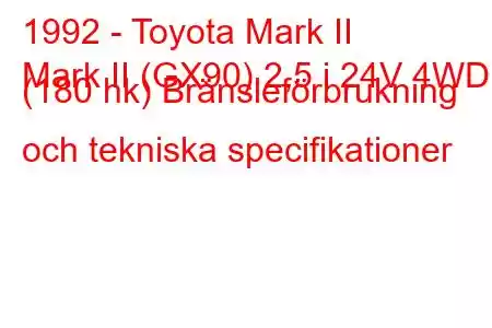 1992 - Toyota Mark II
Mark II (GX90) 2,5 i 24V 4WD (180 hk) Bränsleförbrukning och tekniska specifikationer