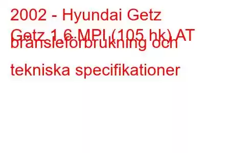 2002 - Hyundai Getz
Getz 1,6 MPI (105 hk) AT bränsleförbrukning och tekniska specifikationer