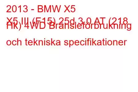 2013 - BMW X5
X5 III (F15) 25d 3.0 AT (218 Hk) 4WD Bränsleförbrukning och tekniska specifikationer