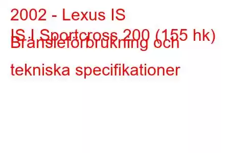 2002 - Lexus IS
IS I Sportcross 200 (155 hk) Bränsleförbrukning och tekniska specifikationer