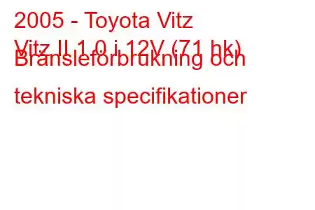 2005 - Toyota Vitz
Vitz II 1.0 i 12V (71 hk) Bränsleförbrukning och tekniska specifikationer